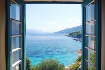 Serene view of the Mediterranean Sea from hotel window overlooking tranquil waters, View of Mediterranean sea through window of hotel in Kefalonia Greece