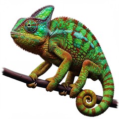 Obraz premium Vibrant Chameleon on Branch Detailed Reptile Illustration Lizard Animal