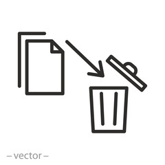 delete file and basket, information send to trash bin, delete data icon, document folder with trash can, thin line symbol on white background - editable stroke vector illustration