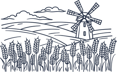 Windmill in rural landscape with wheat field and rolling hills agricultural countryside scene, harvest and farming concept