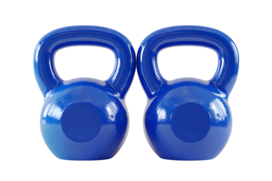 Pair of blue kettlebells for fitness and strength training.