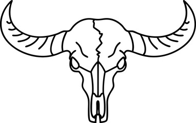Buffalo skull outline animal horned skeleton drawing, western rustic symbol, vintage nature illustration