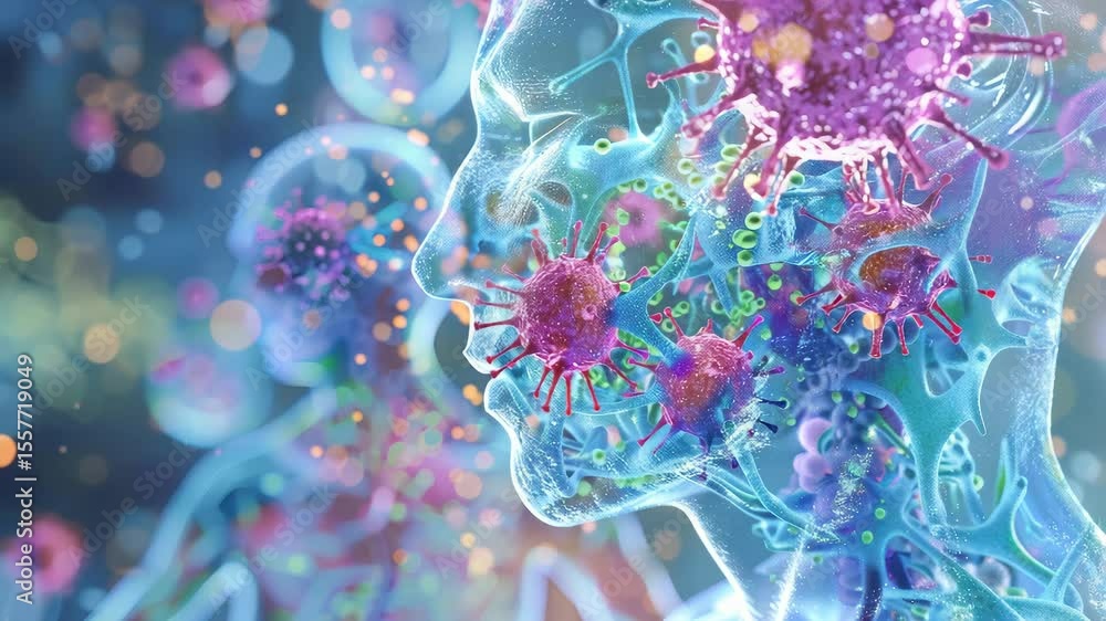 Poster exploring the intricate relationship between viruses and human cells in high definition 4k animation