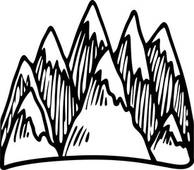Hand drawn mountain peaks illustration black and white sketch, minimalist rocky landscape, simple nature art