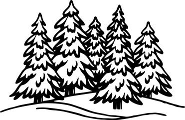 Snow covered evergreen pine trees in winter forest monochrome outline illustration of conifer woodland landscape