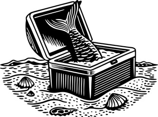 Treasure chest with mermaid tail illustration ocean fantasy concept with sand, seashells, magical mysterious discovery