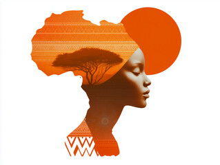 Double Exposure of African Woman's Silhouette with Tree and Sun