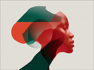 Abstract Profile African Woman's Silhouette with Vibrant Overlapping Shapes and Minimalist Art Style
