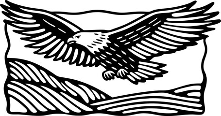 Obraz premium Soaring eagle in flight over landscape, bold black outline graphic, symbol of freedom and strength