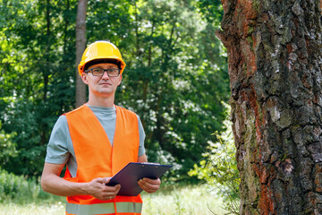 Portrait of forestry engineer. Ecologist in the forest notes the ecological situation. Ecologist...