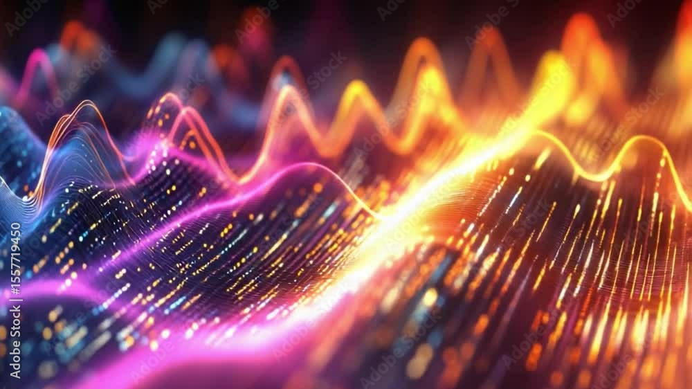 Poster Vibrant Data Flow: A dynamic visualization of data streams, featuring glowing waves of light, evoking a sense of technological advancement and information abundance.