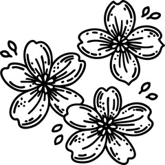 Fototapeta premium Floral line art illustration three blooming flowers with petals and leaves, elegant decorative botanical design