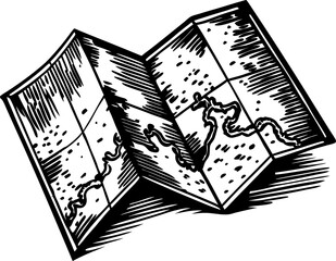 Vintage hand drawn map illustration folded navigation guide with river route and terrain details, adventure concept