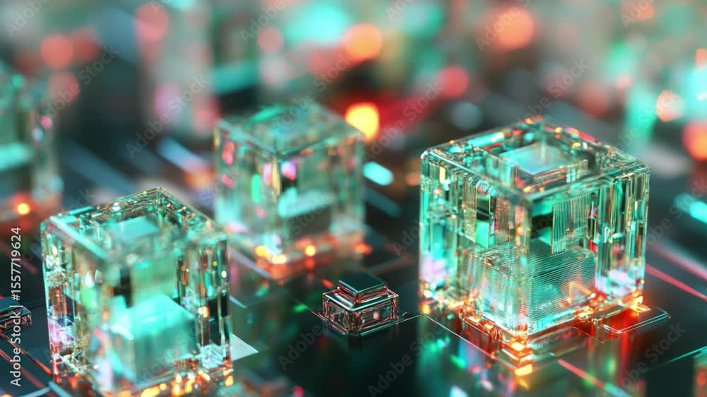 Poster Cubic Digital World: Immerse yourself in the mesmerizing world of advanced technology with a macro shot of intricate translucent cubes that epitomize innovation and connectivity in the digital realm.