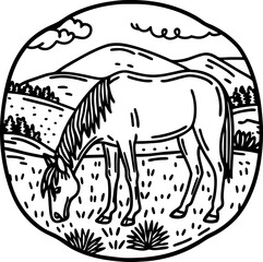 Grazing horse in countryside landscape, black and white illustration rural nature, scenic mountains, tranquil field