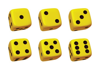 Yellow photorealistic 3d cube for games. Dice icon in flight closeup isolated on white background. Vector illustration.