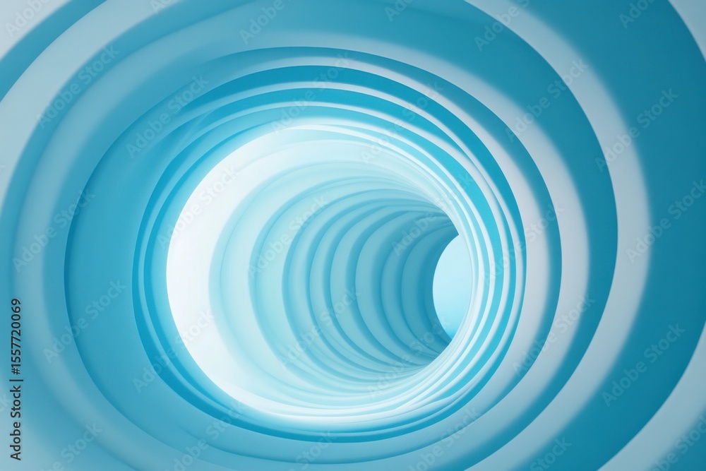 Poster exploring a blue round tunnel with seamless circular patterns and light effects, flight through blue