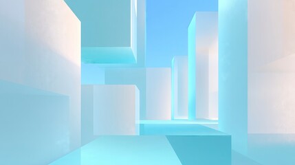 High-res abstract composition of geometric light panels, white and cyan hues, dimensional space