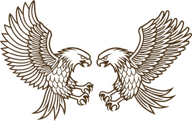 Obraz premium Two fierce eagles facing each other, wings spread, talons forward aggressive birds, conflict illustration, animal confrontation