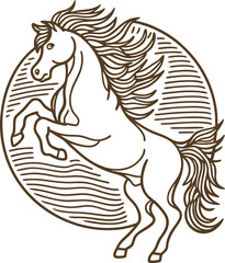 Naklejka premium Elegant rearing horse line art with flowing mane dynamic stallion illustration, wild energy symbol, vintage