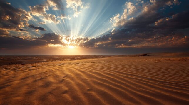 High-resolution image of desert under brilliant evening sky, bold sunrays illuminating sand patterns