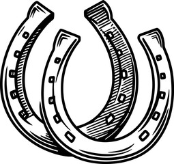 Horseshoes pair illustration lucky charm symbol, black and white outline art, good fortune, equestrian luck