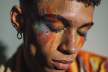 Obraz premium Close-up portrait of a young person with curly hair and colorful rainbow face paint, eyes closed in serene expression, representing LGBTQ+ pride, diversity, and artistic self-identity
