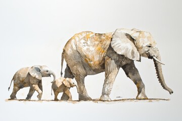 Fototapeta premium Family of elephants walking together under the warm sun in their natural habitat, Family of elephants walking