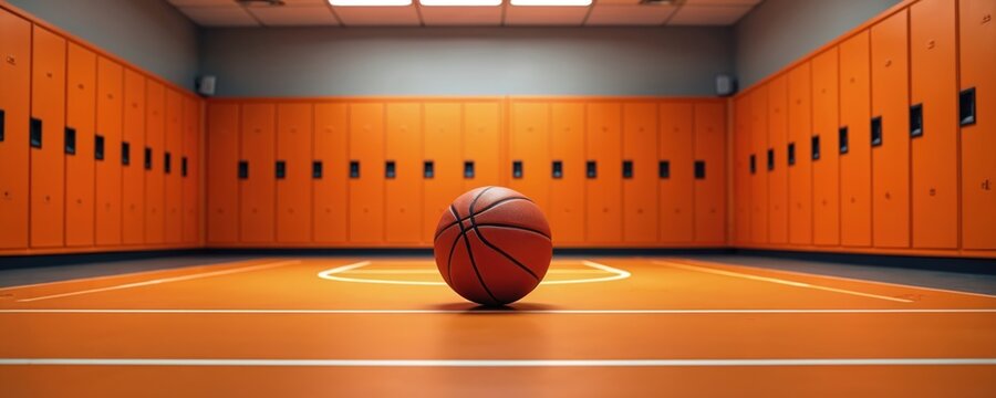 Basketball ball stands in center of empty locker room, orange lockers background. Indoor sports training, game, team competition concept. Gym sport equipment, game start anticipation, awaiting match,