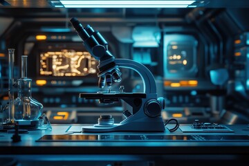 Futuristic laboratory featuring advanced scientific microscope with laboratory glassware, Scientific microscope in a futuristic lab, Healthcare