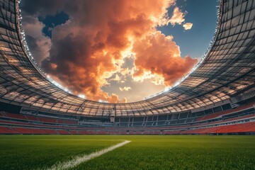 Hot day at a modern football stadium under a cloudy sky with vibrant lighting, modern football stadium the weather is hot and cloudy