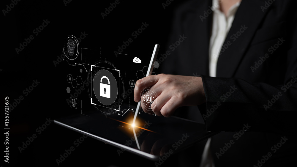 Poster ai cyber security system using biometric authentication and privacy control. cyber security protects