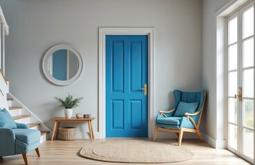 Fototapeta premium Modern home entrance hall design with blue door chairs. Scandinavian style interior with staircase, door, mirror, plants. Contemporary design, minimalist decor, comfortable residential building.