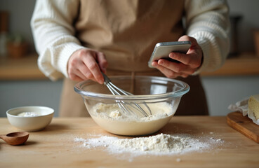 Home baker using smartphone for recipe guidance. Person wearing apron mixes ingredients in bowl with whisk. Modern tech, home cooking, cooking with phone, online classes. Making food, kitchen, baking.