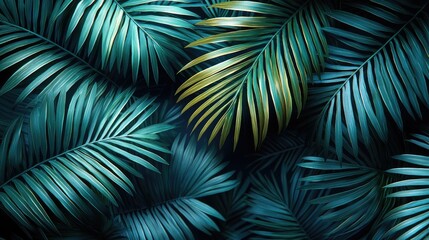 Tropical palm leaves pattern in teal and gold tones.