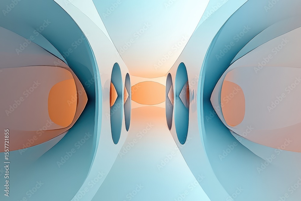 Poster exploring a minimalist and abstract mirror dimension in soft hues and smooth curves, mirror dimensio
