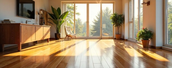 Sunlit Gleaming Hardwood Floors in Modern Home Interior Warm Natural Wood Grain Reflecting Sunlight Through Large Window