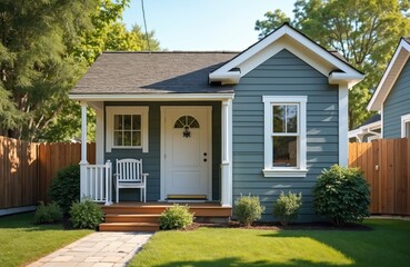 Small, cozy accessory dwelling unit ADU house. Modern design home. Tiny living, eco friendly rental property, affordable construction, backyard garden concept. Innovative architectural unit solution.