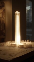 Illuminated architectural model of a skyscraper and surrounding buildings on a table in a dark room