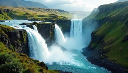 Fototapeta premium Majestic Waterfalls Cascading Through Rocky Dales A Breathtaking Nature Spectacle