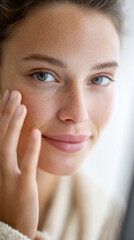 Young woman engaged in video call, smiling and touching screen for connection