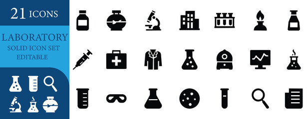 Editable solid laboratory icon set featuring science, research, microscope, beaker, test tube, healthcare, chemistry, and innovation tools