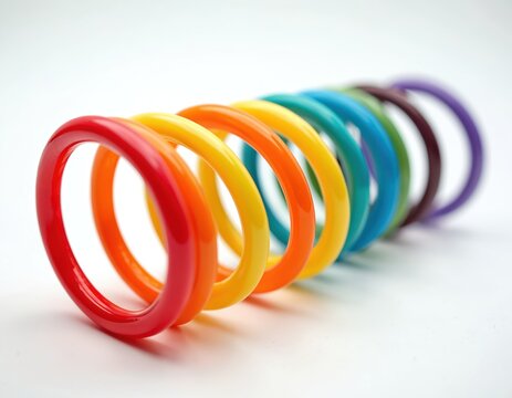 Vibrant rainbow slinky toy. Classic colorful plastic spring offers endless fun, imaginative play, kids entertainment, childhood joy. Spiral coil stretches, flexible, playful, bright.