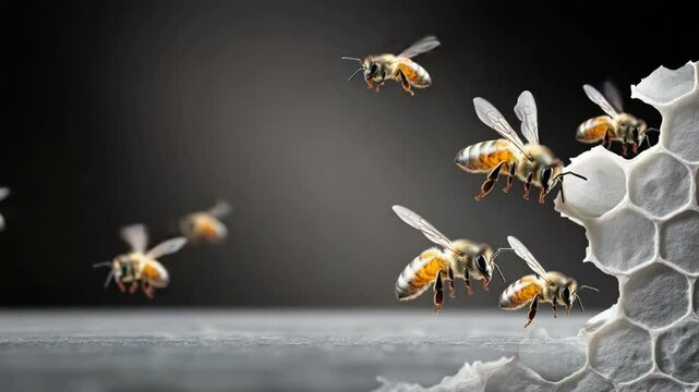 Buzzing Hive: A swarm of busy honeybees take flight around a detailed honeycomb, illustrating the dedication and precision of the vital creatures.