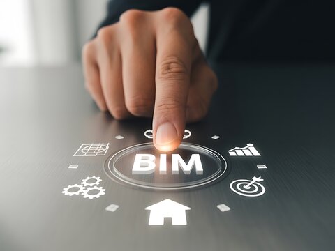 A finger presses a glowing bim button surrounded by icons representing building design construction data analysis and project management