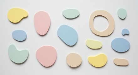 Pastel Organic Shapes: Minimalist Composition on White Background, Soft Shadows