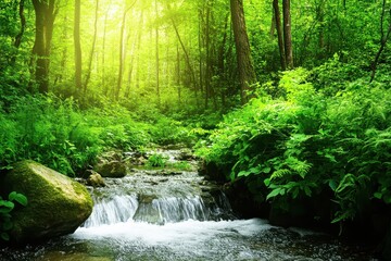 Fototapeta premium Lush forest stream cascading through verdant foliage under soft sunlight, Lush Forest Stream with Green Foliage