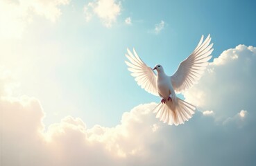 Fototapeta premium White dove flies, wings spread against sunny cloudy sky background. Symbol of peace, freedom. Concept of faith, hope, spirituality, loss, farewell. Bird soaring above clouds in bright sunlight