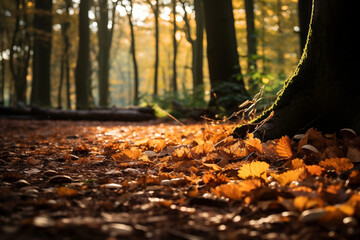 Autumn forest with colorful leaves on the ground, moody light, forest, autumn, nature, tree, fall, leaf, trees, 