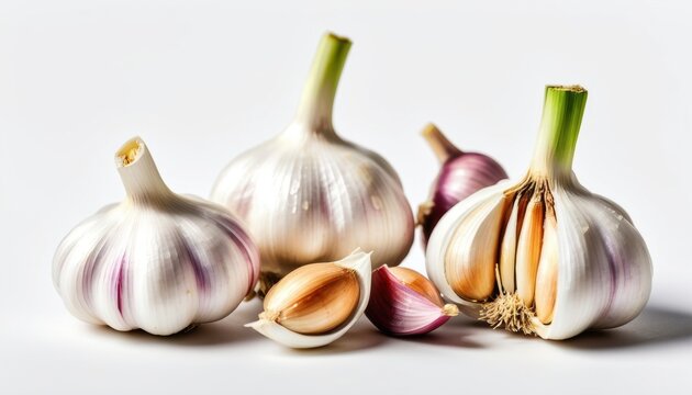 Several garlic heads with white and purple husks are depicted on  white background. One head is open, showing teeth inside, and  green stems are also visible, creating fresh and natural still life.